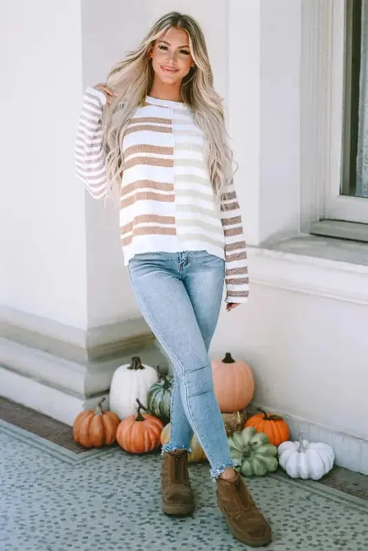 Stripe Blocked Drop Shoulder Slouchy Sweater - Fashionfitz