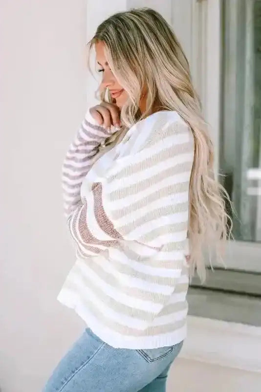Close-up of stripe block colour panels on drop shoulder oversized sweater Fashionfitz UK