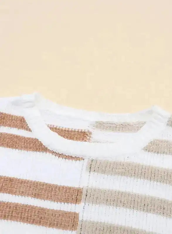 Neckline close-up of neutral tone drop shoulder sweater showing ribbed collar and multicolor stripe knit pattern.