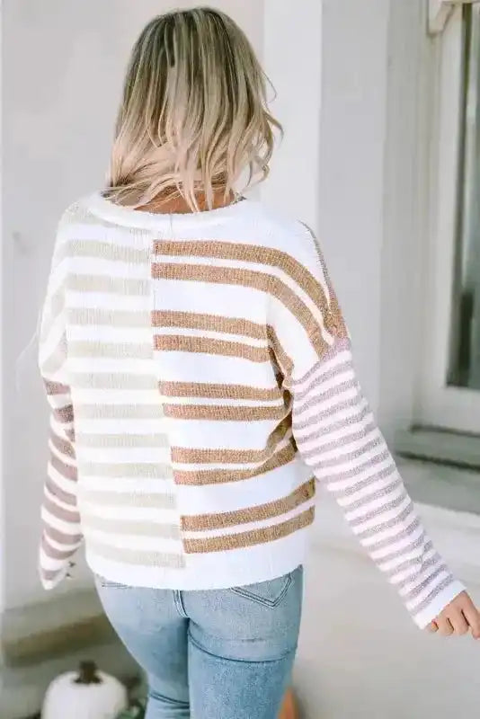 Back view of neutral stripe colour block drop shoulder slouchy sweater Fashionfitz UK
