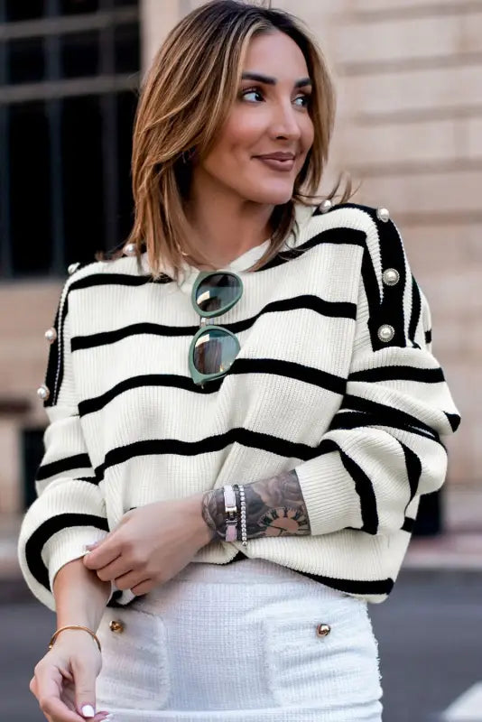 Stripe buttoned decor sweater - sweaters