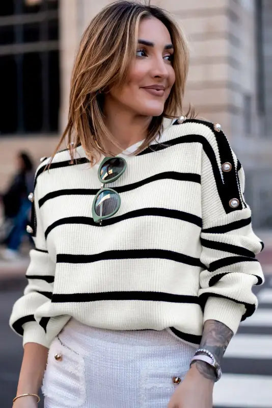 Stripe buttoned decor sweater - sweaters