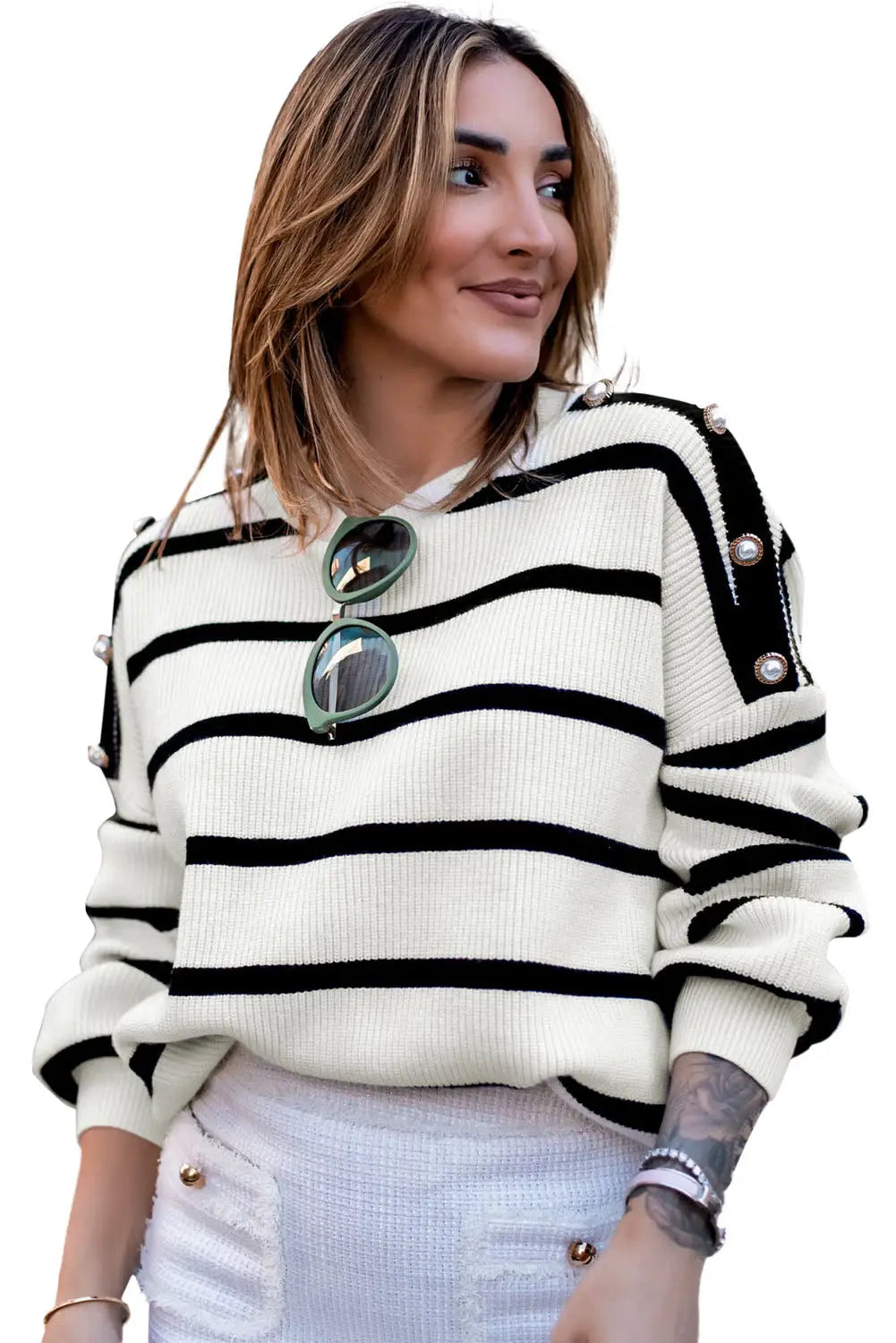 Stripe buttoned decor sweater - sweaters & cardigans