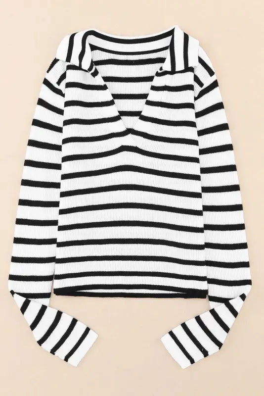 Stripe collared v neck lightweight knit casual sweater - sweaters & cardigans