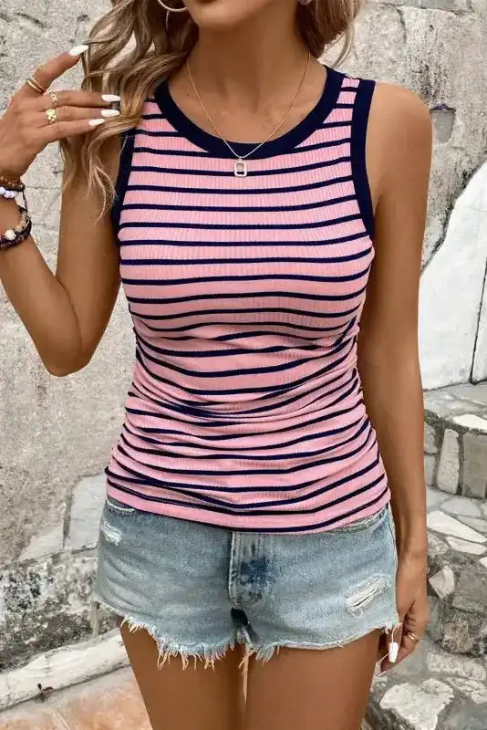 Stripe Contrast Round Neck Sleeveless Slim Top - Fashionfitz