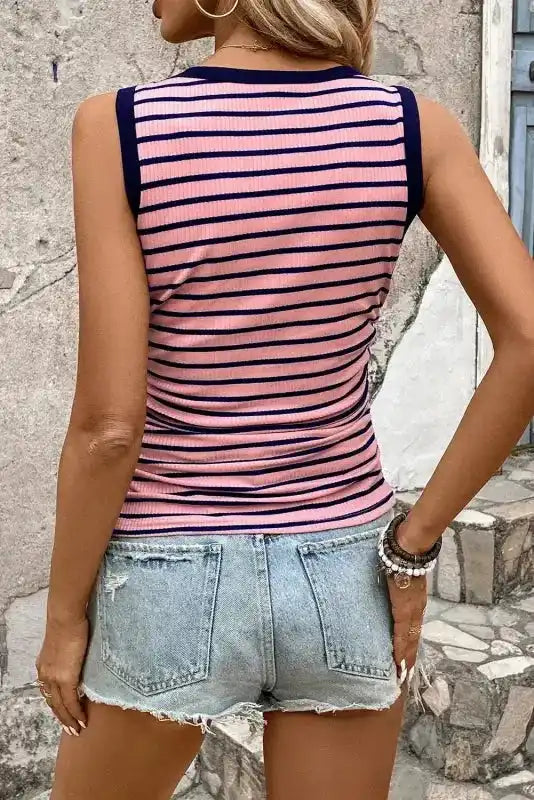 Stripe Contrast Round Neck Sleeveless Slim Top - Fashionfitz