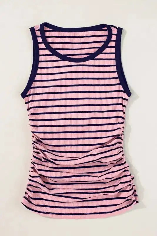 Stripe Contrast Round Neck Sleeveless Slim Top - Fashionfitz