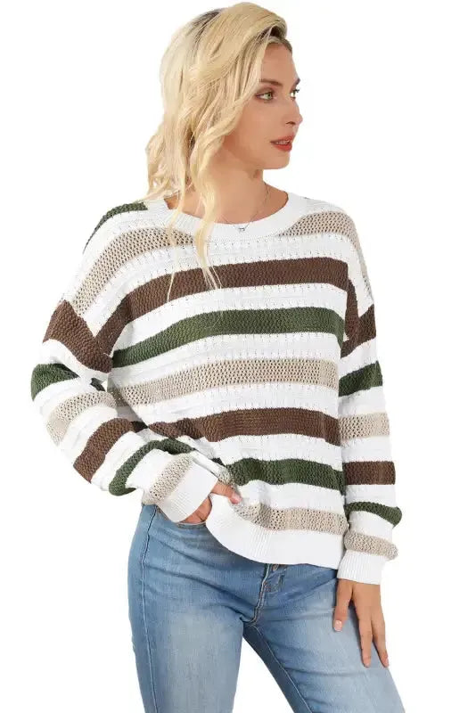 Stripe Crochet Hollow out Knit Sweater - Fashionfitz