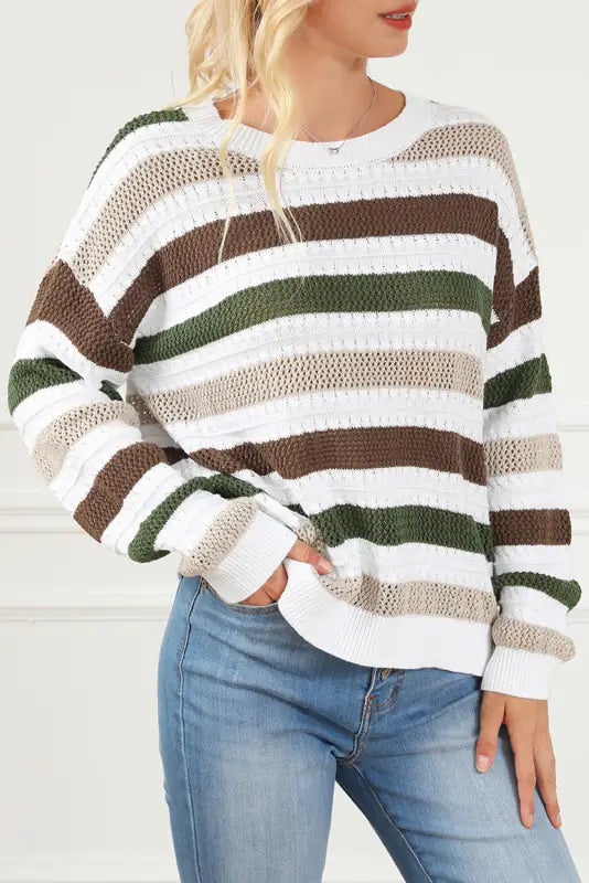 Stripe crochet hollow out knit sweater - sweaters & cardigans