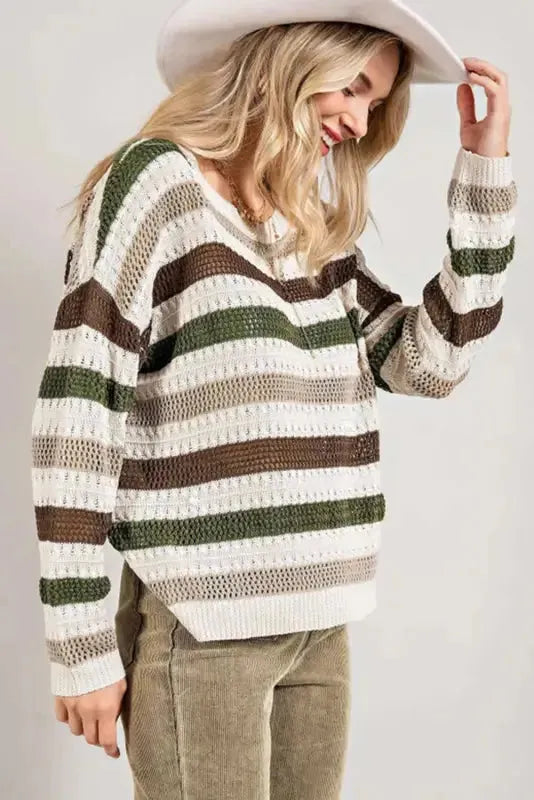 Stripe Crochet Hollow out Knit Sweater - Fashionfitz
