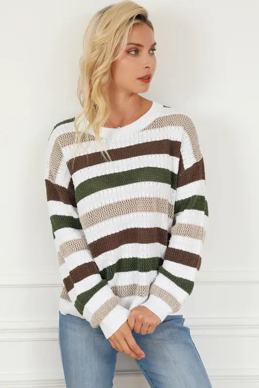 Stripe crochet hollow out knit sweater - sweaters & cardigans