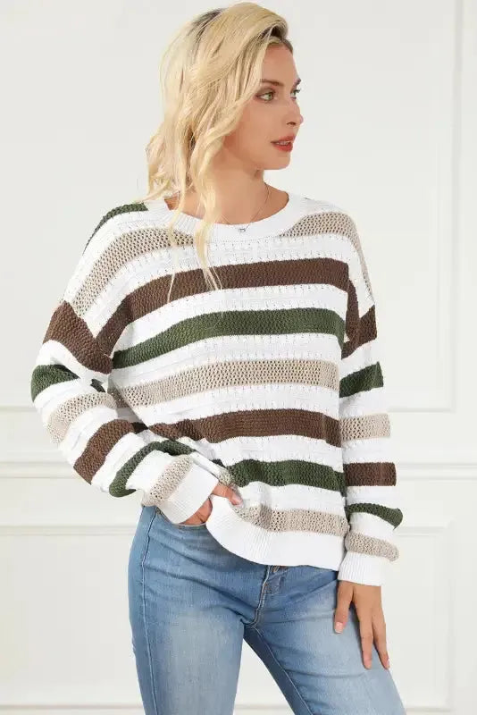 Stripe Crochet Hollow out Knit Sweater - Fashionfitz