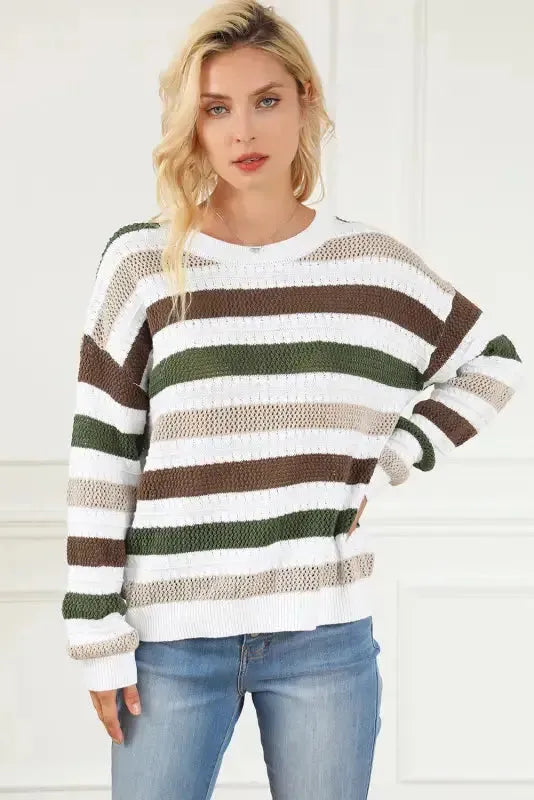 Stripe Crochet Hollow out Knit Sweater - Fashionfitz