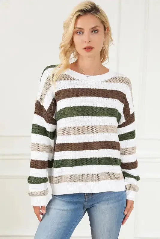 Stripe Crochet Hollow out Knit Sweater - Fashionfitz