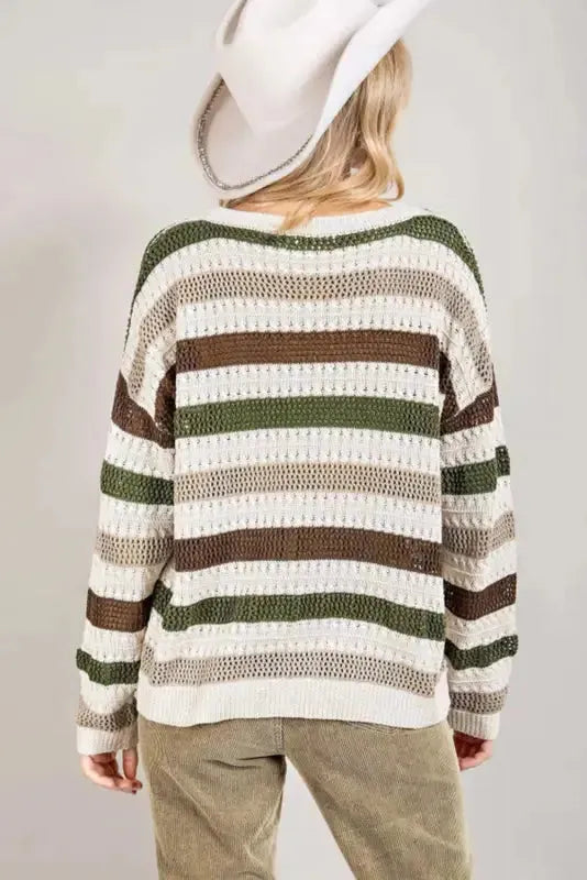 Stripe Crochet Hollow out Knit Sweater - Fashionfitz