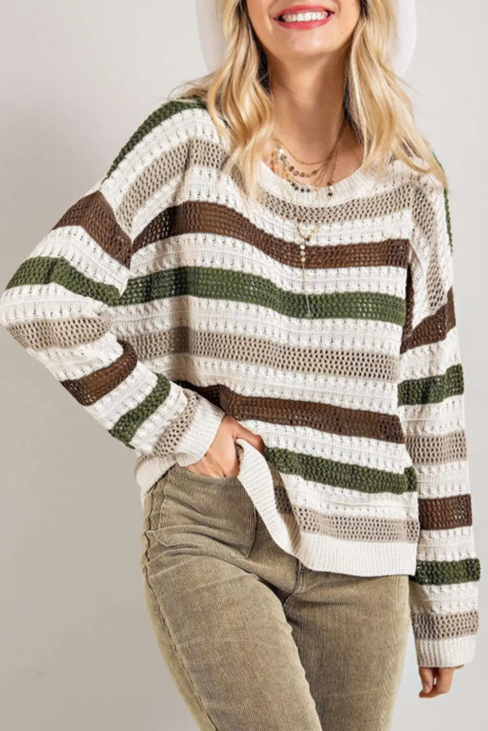 Stripe crochet hollow out knit sweater - s / 55% acrylic + 45% cotton - sweaters & cardigans