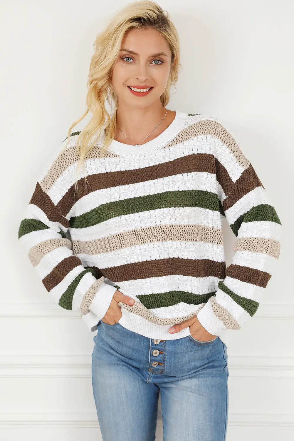 Stripe crochet hollow out knit sweater - sweaters & cardigans