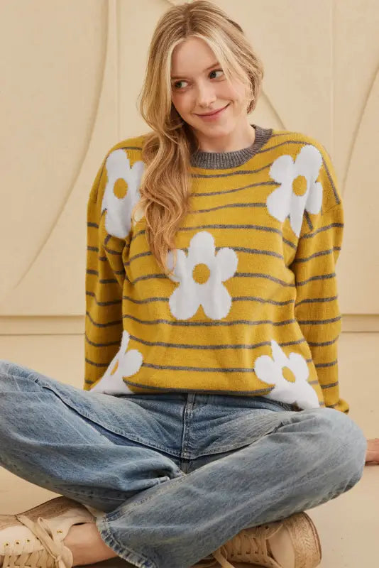 Stripe daisy jumper - yellow knitted round neck