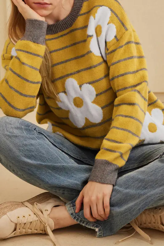 Stripe daisy jumper - yellow knitted round neck