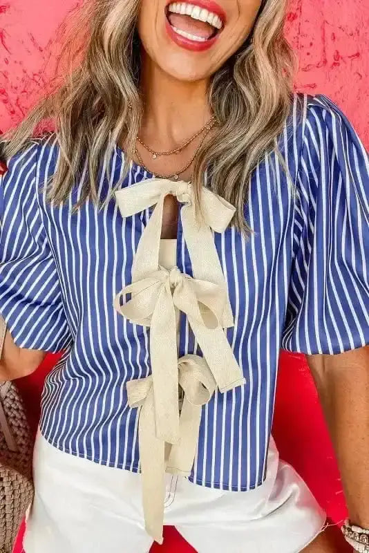 Blue Striped Bow Detail Puff Sleeve Blouse Women UK — front view showing blue and white stripe, bow ribbon detail and puff sleeves — Fashionfitz
