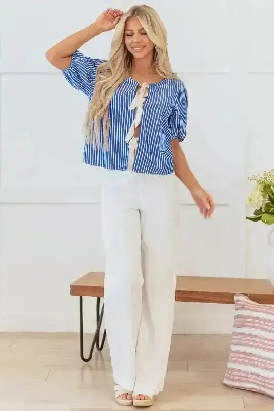 Short Sleeve Blouses Stripe Delight Ribbon Blouse