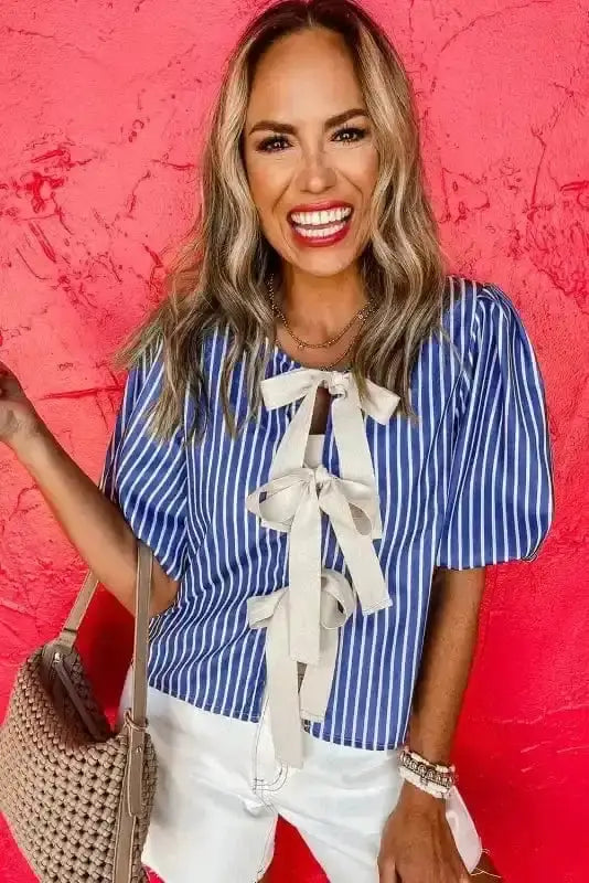 Side view of Blue Striped Bow Detail Blouse showing flutter sleeve detail and bow ribbon at neckline — Fashionfitz