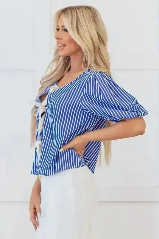 Short Sleeve Blouses Stripe Delight Ribbon Blouse