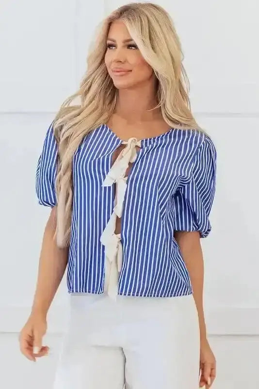 Close-up of Blue Striped Bow Detail Puff Sleeve Blouse showing charming bow ribbon detail and blue stripe on poly-cotton fabric — Fashionfitz