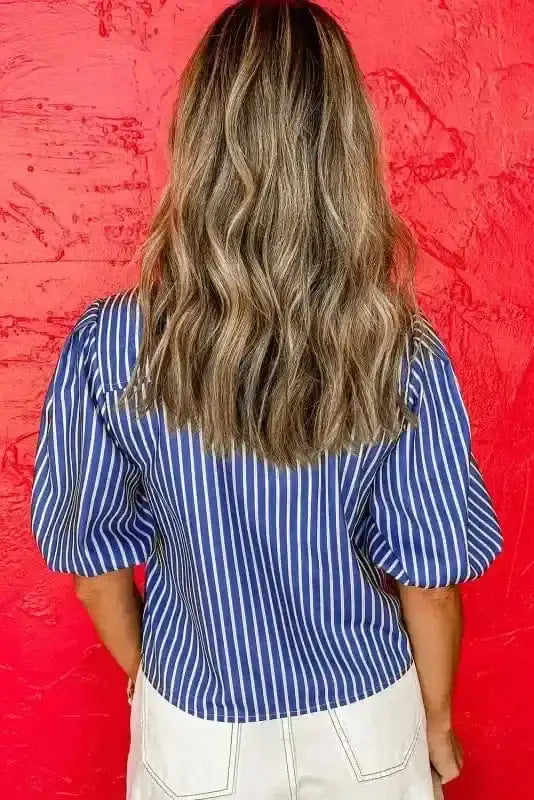 Back view of Blue Striped Bow Detail Puff Sleeve Blouse showing short sleeve silhouette and 70% polyester-cotton construction — Fashionfitz