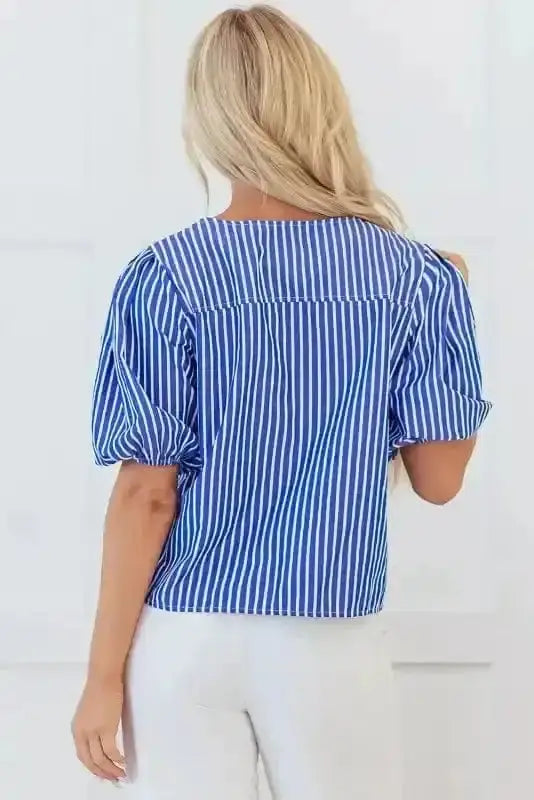 Blue Striped Bow Detail Puff Sleeve Blouse Women UK styled as a sweet feminine summer occasion outfit — Fashionfitz