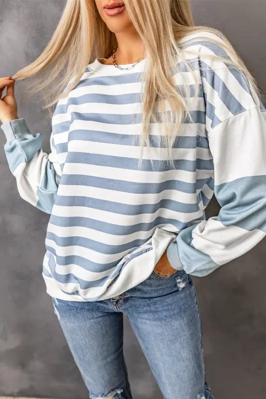 Stripe drop shoulder striped pullover sweatshirt - tops