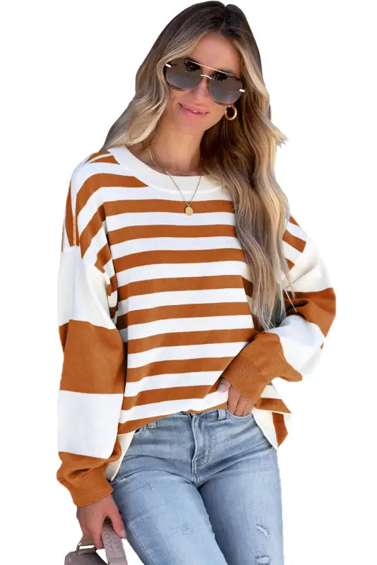 Stripe drop shoulder striped pullover sweatshirt - tops