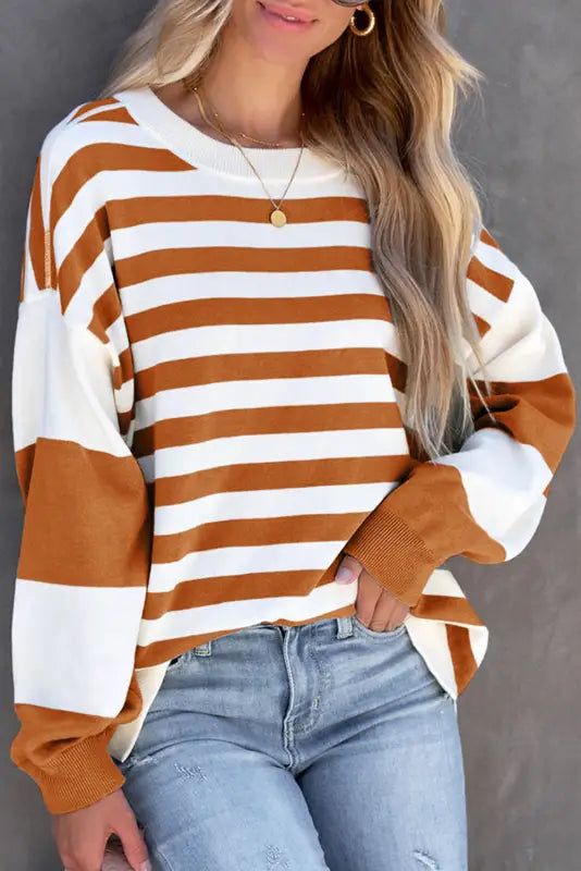 Stripe drop shoulder striped pullover sweatshirt - brown / s / 100% polyester - tops