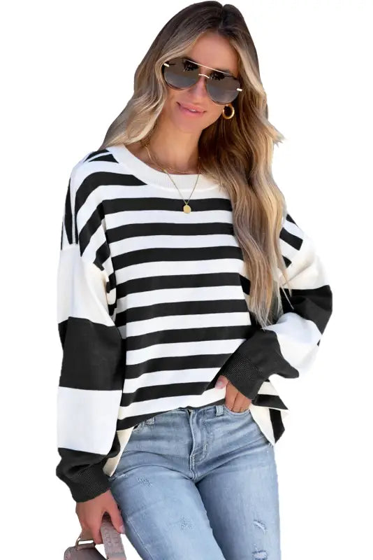 Stripe drop shoulder striped pullover sweatshirt - tops