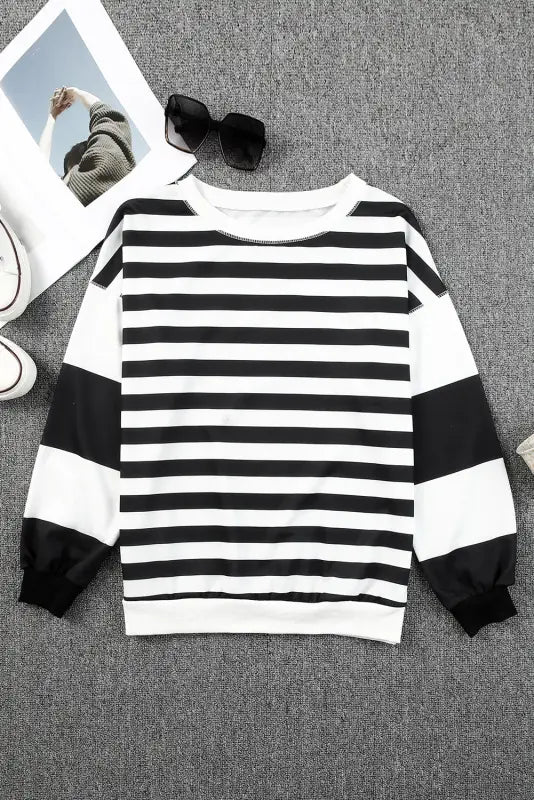 Stripe drop shoulder striped pullover sweatshirt - tops