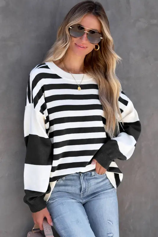 Stripe drop shoulder striped pullover sweatshirt - tops