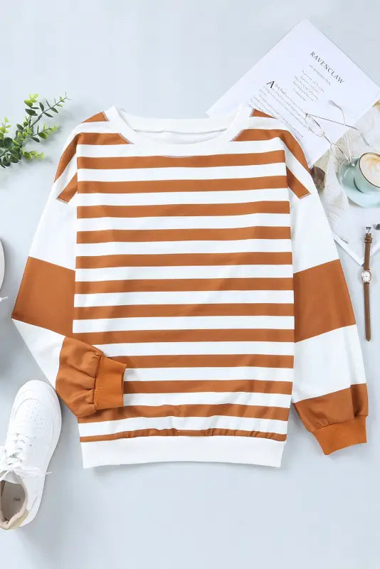 Stripe drop shoulder striped pullover sweatshirt - tops