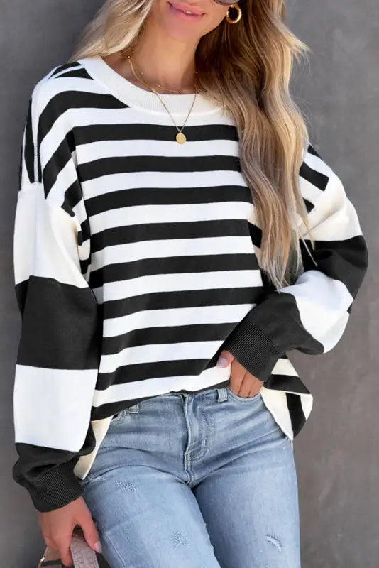 Stripe drop shoulder striped pullover sweatshirt - black / s / 100% polyester - tops