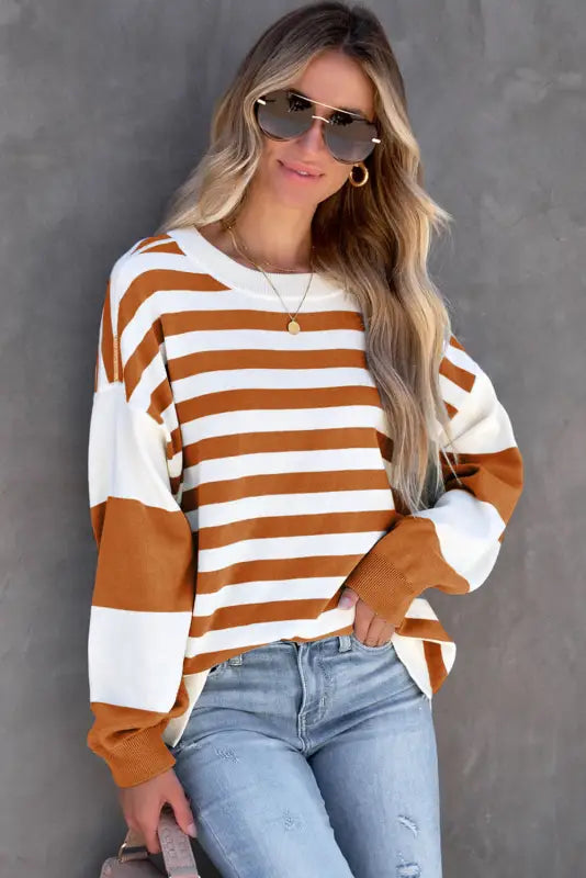 Stripe drop shoulder striped pullover sweatshirt - tops