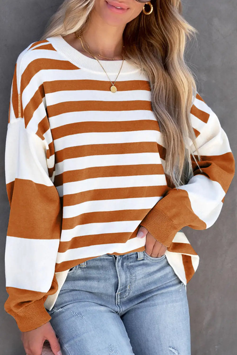 Stripe drop shoulder striped pullover sweatshirt - brown / s / 100% polyester - sweatshirts & hoodies