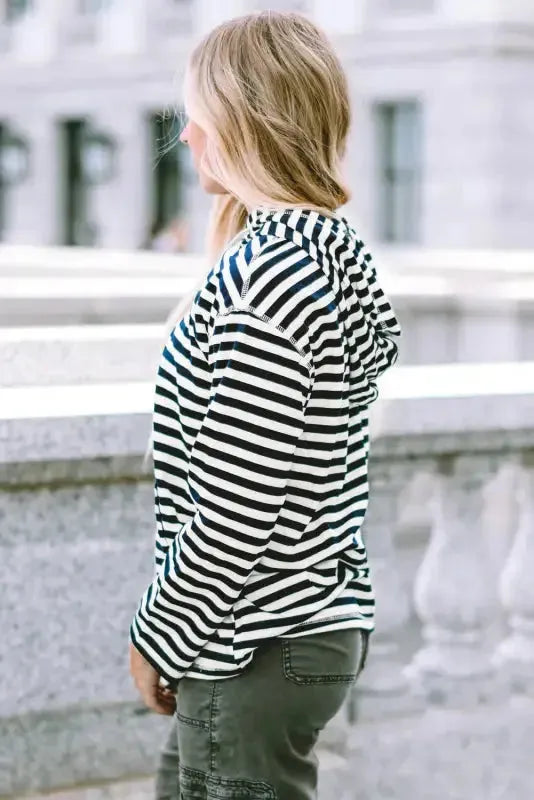 Stripe Kangaroo Pocket Drawstring Hoodie - Fashionfitz