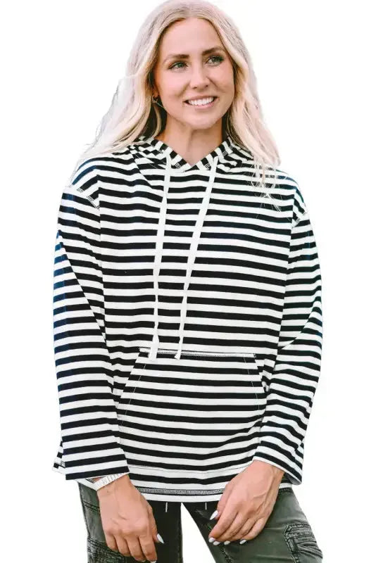 Stripe Kangaroo Pocket Drawstring Hoodie - Fashionfitz