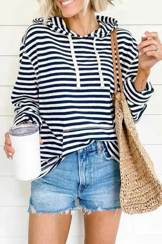 Stripe Kangaroo Pocket Drawstring Hoodie - Fashionfitz