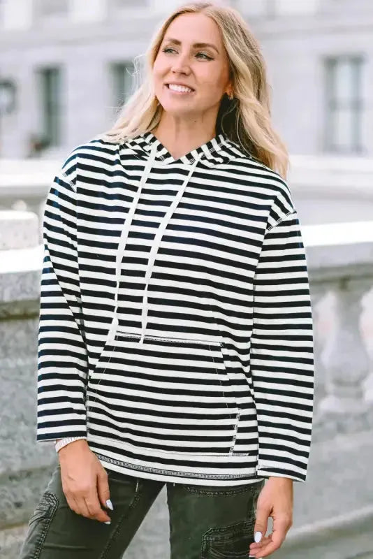Stripe Kangaroo Pocket Drawstring Hoodie - Fashionfitz