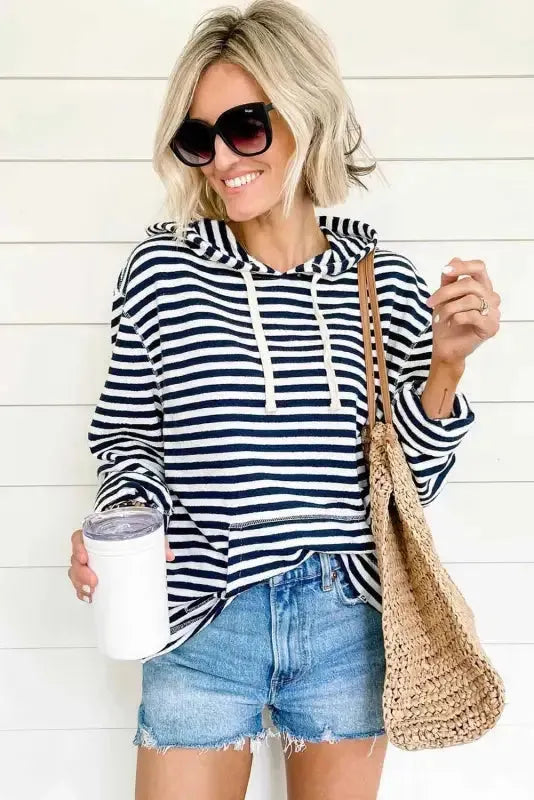 Stripe Kangaroo Pocket Drawstring Hoodie - Fashionfitz