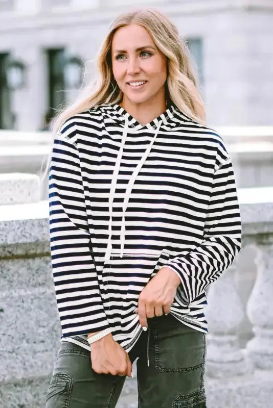 Stripe Kangaroo Pocket Drawstring Hoodie - Fashionfitz