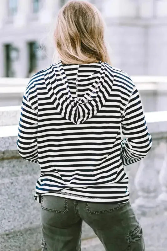 Stripe Kangaroo Pocket Drawstring Hoodie - Fashionfitz
