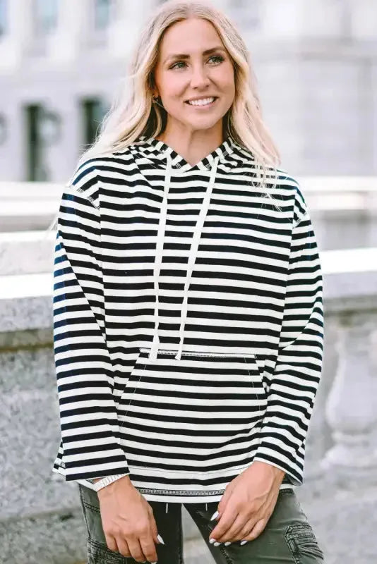 Stripe Kangaroo Pocket Drawstring Hoodie - Fashionfitz