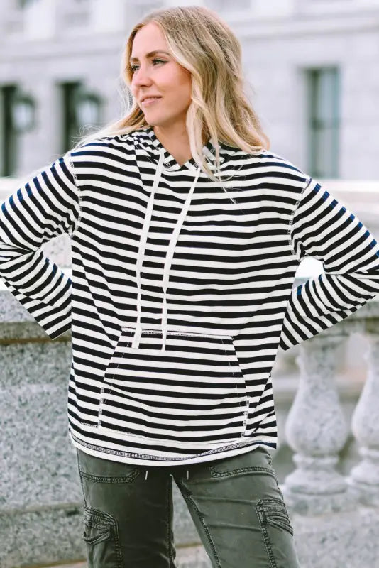 Stripe kangaroo pocket drawstring hoodie - sweatshirts & hoodies