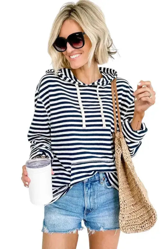 Stripe Kangaroo Pocket Drawstring Hoodie - Fashionfitz